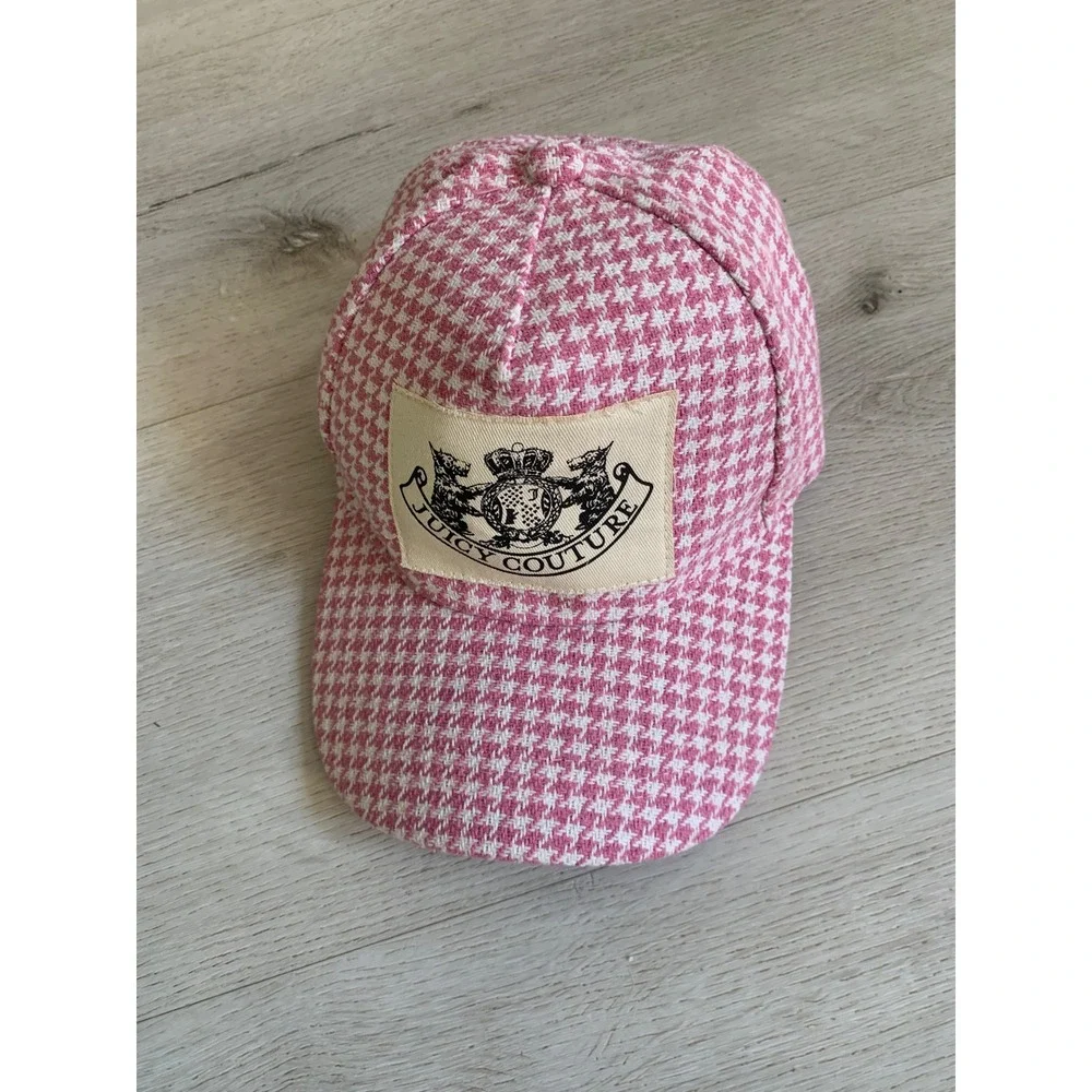 Juicy‎ Couture Pink Houndstooth Baseball Cap Logo Crest Hat Adjustable Y2K Style